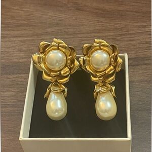 Vintage YSL Gold Floral Pearl Drop Earrings